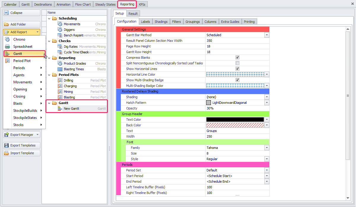 Reporting tab > Add Report > Gantt
