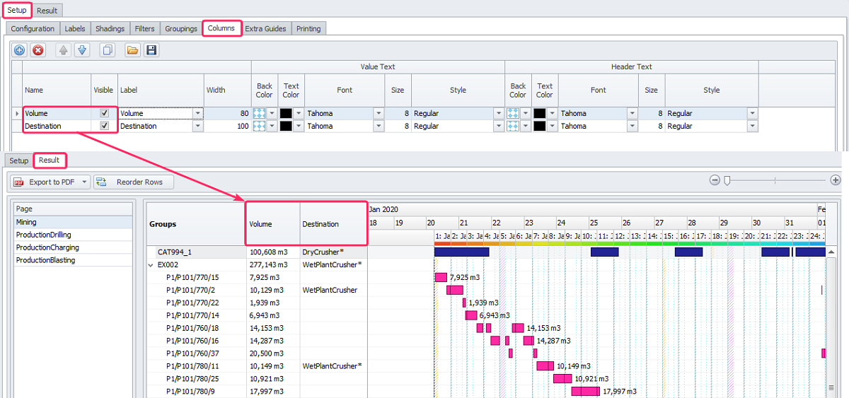 Columns created in Columns tab displayed in Results