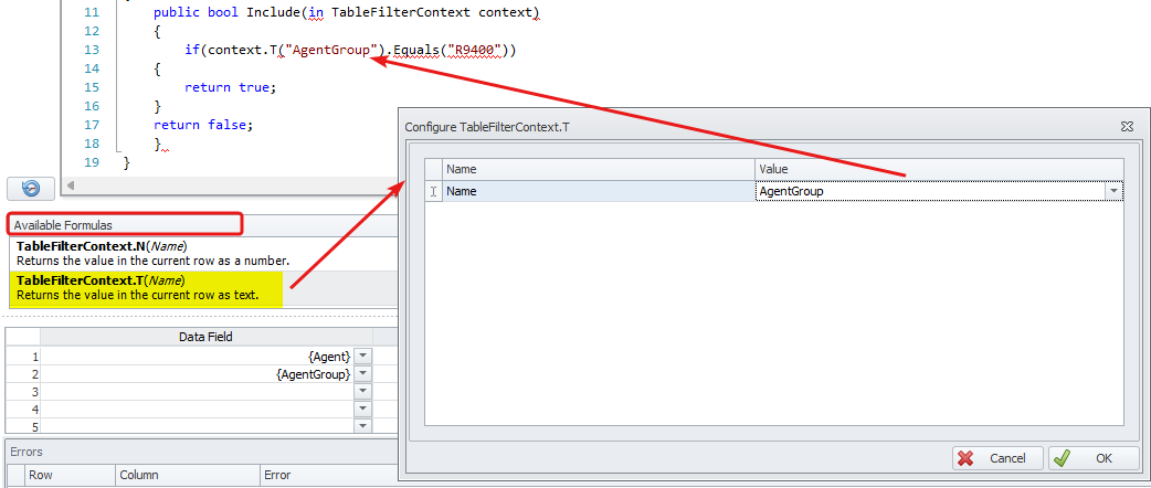 Referencing text value context through the Configure TableFilterContextT dialog