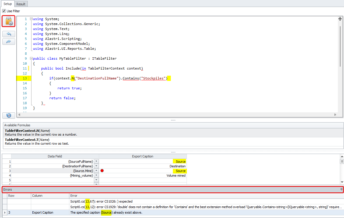 Error messages pointing to the code lines and report columns containing errors