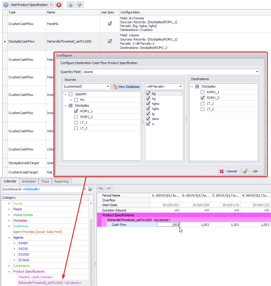 Configuring cash flow between stockpiles