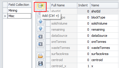 Buttons to Add, Delete, Move, Indent, Import and Export fields