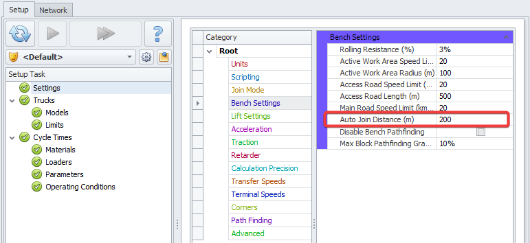 Setup tab > Settings step > Bench Settings > Auto Join Distance filed