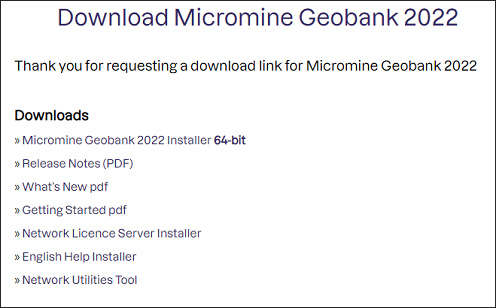 The download links for Micromine Geobank 2022