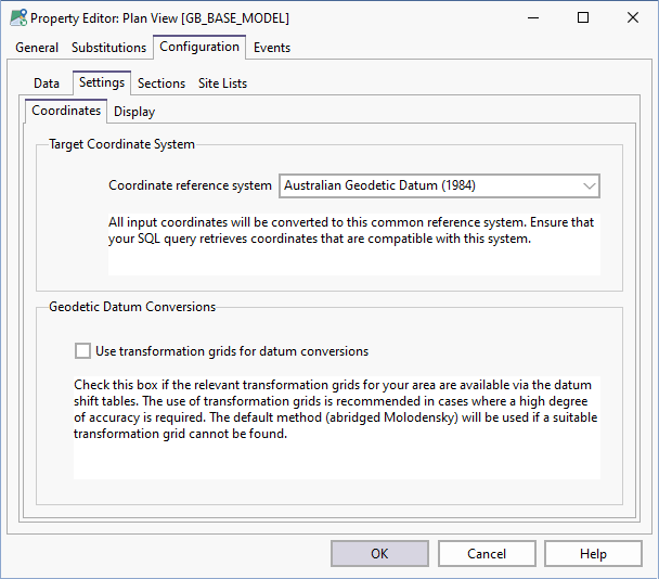 Plan View Property Editor - Configuration Settings Coordinates