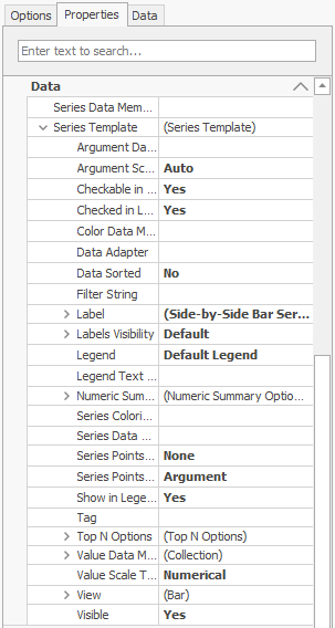 The Data section of the Properties tab for the chart