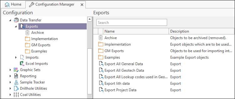 The Exports options in the Data Transfer section of the Configuration Manager