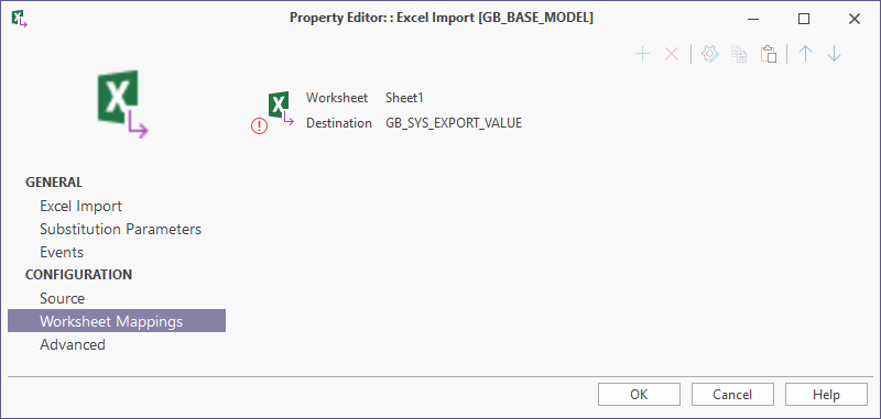 The Worksheet Mappings page of the Excel Import Property Editor