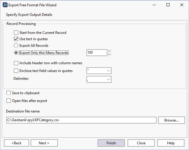 The Specify Export Output Details screen of the wizard