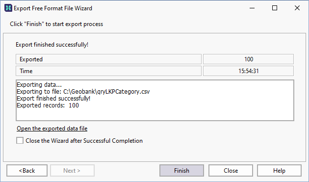 The Export Progress screen of the wizard