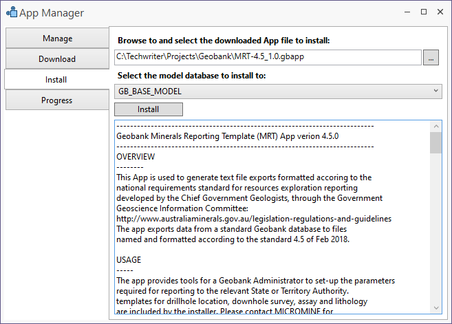 The Install page of the App Manager