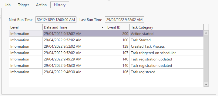 The History tab of the Job Scheduler
