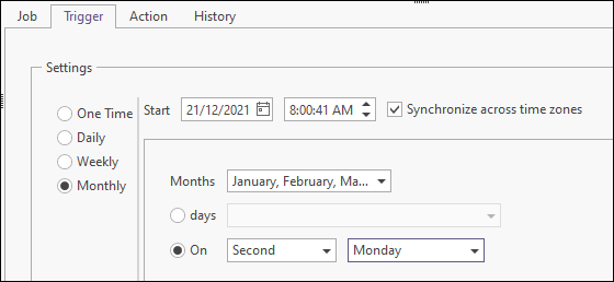 The Trigger tab with the Monthly option selected