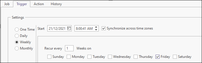 The Trigger tab with the Weekly option selected