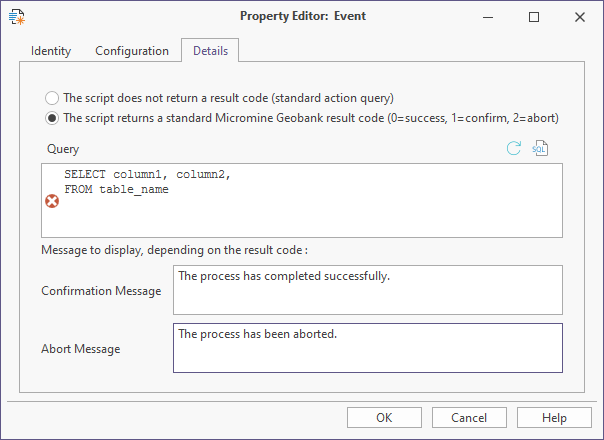 The Details tab for  an SQL event in the Property Editor: Event form