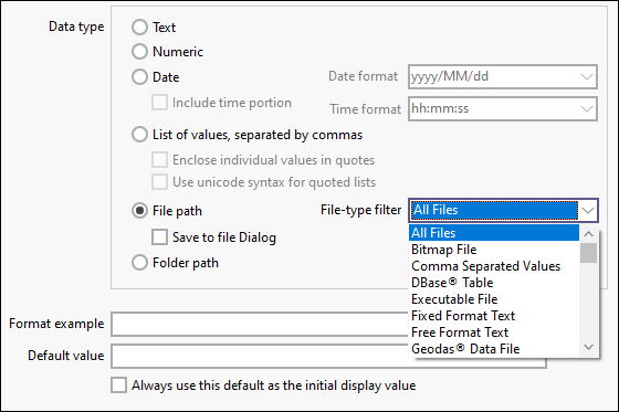 The File-type filter drop down menu