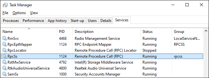 The RpcSs Service displayed as running in Task Manager
