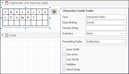 The Character Comb Tasks menu from the smart tag