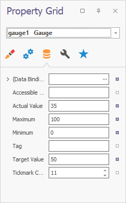 The Data tab of the Property Grid for the Gauge