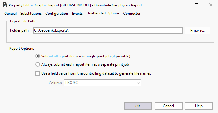 The Unattended Options tab in the Graphic Report Property Editor