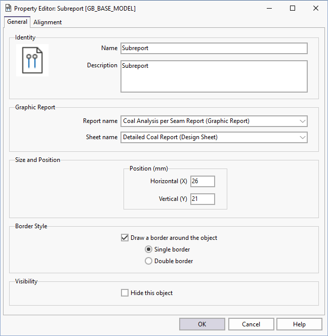 The General tab on the Subreport Property Editor form