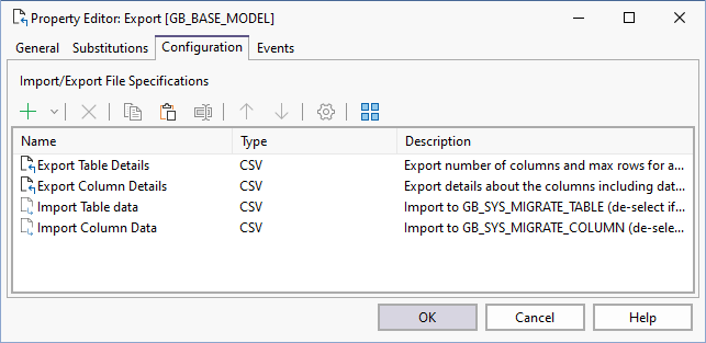 The Configuration tab of the Property Editor: Export form