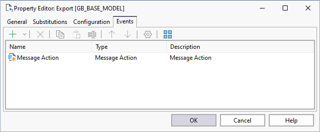 The Events tab o fthe Property Editor: Export form