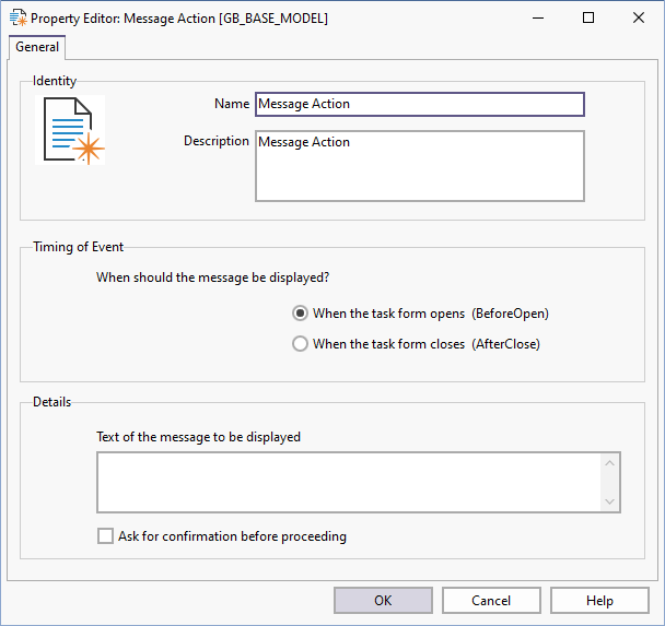 The Property Editor: Message Action form