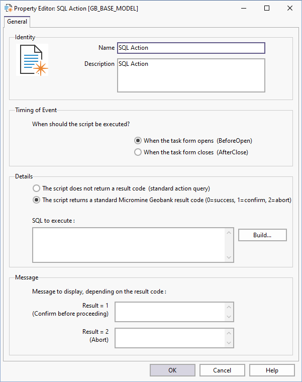 The Property Editor: SQL Action form