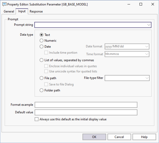 The Input tab of the Property Editor: Substitution Parameter form