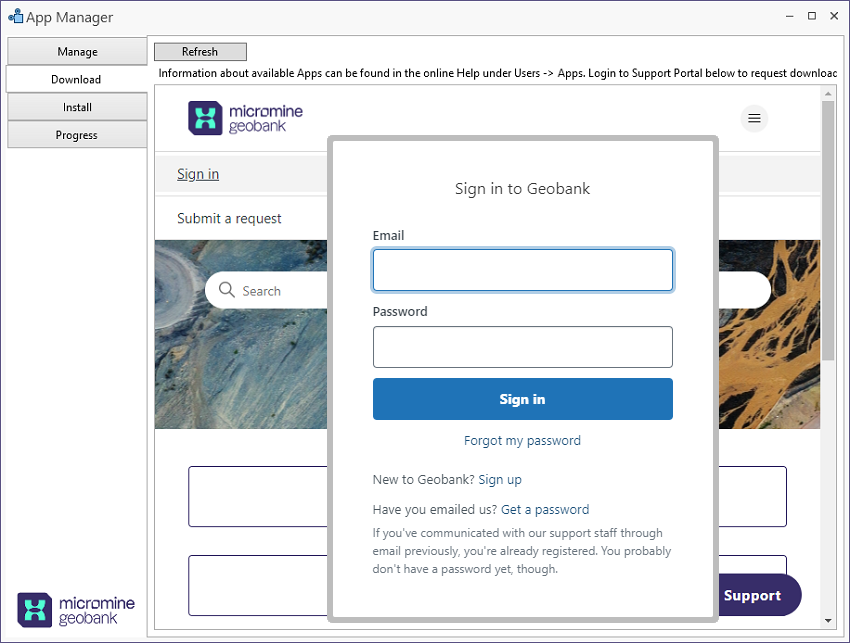The Download Login form in the App Manager