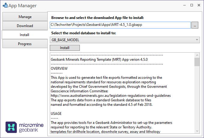 The Install window with an App loaded