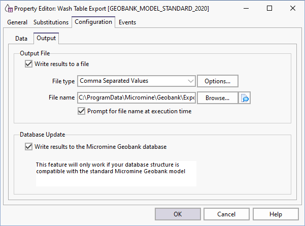 The Wash Table Export configuration Output options