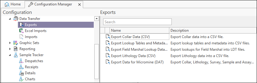 Exports The Exports options in the Data Transfer section of the Configuration Manager