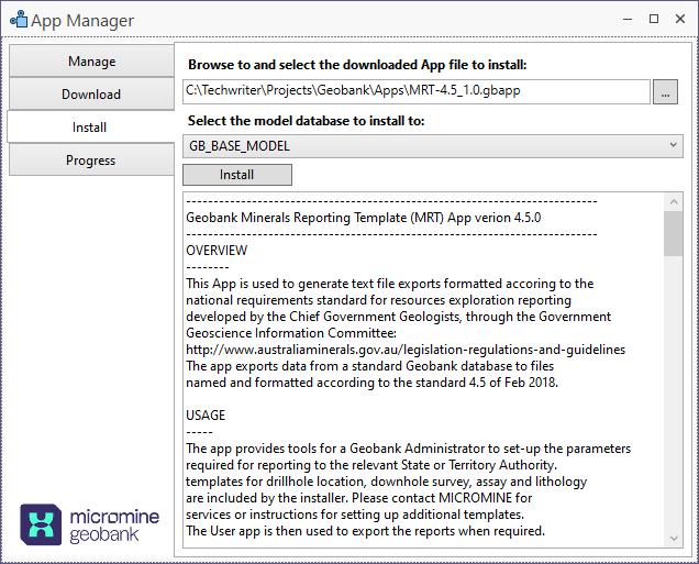 Install The Install page of the App Manager