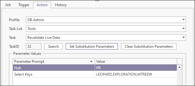 The Action tab with the Parameter Values displayed