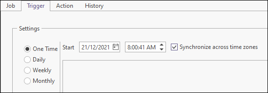 The Trigger tab options with One Time selected