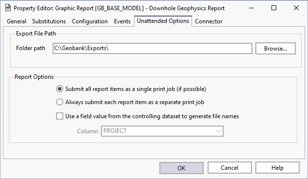 The Unattended Options tab in the Graphic Report Property Editor