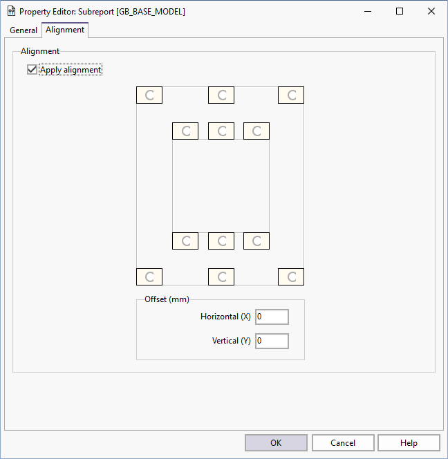 The Alignment tab of the Subreport Property Editor