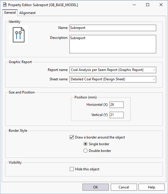 The General tab on the Subreport Property Editor form