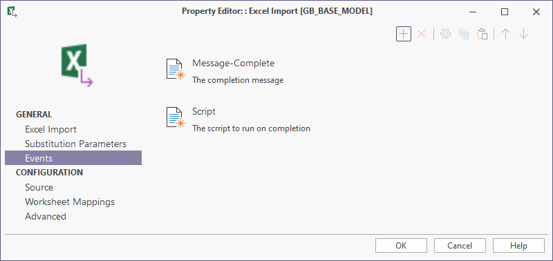 The Events page of the Excel Import Property Editor