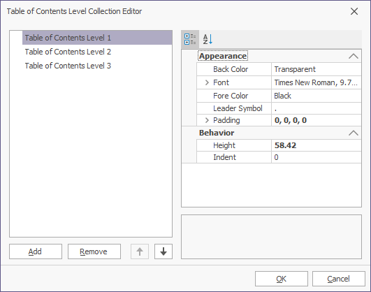 The Table of Contents Level Collection Editor form