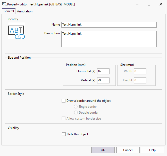 The General tab on the Text Hyperlink Property Editor form