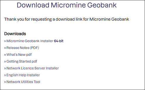 The download links for Micromine Geobank 2023