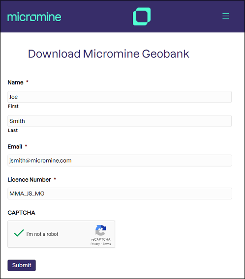 The web form for the Micromine Geobank download link