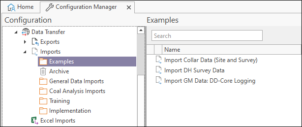 The Examples options in the Data Transfer | Imports component