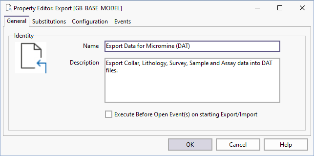 The General tab of the Property Editor: Export form
