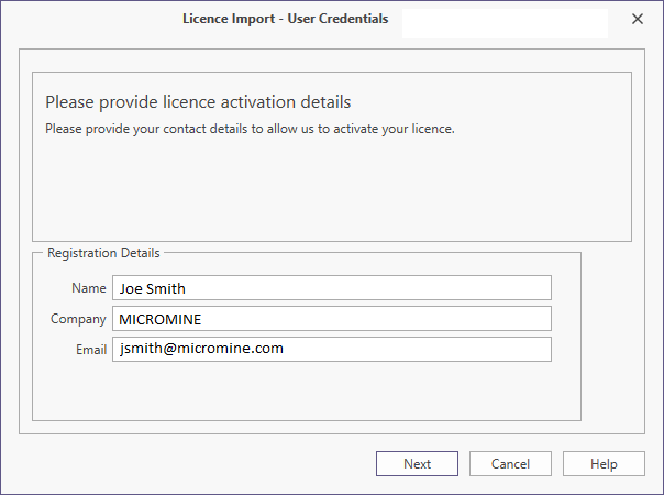 Licence Import - User Credentials screen