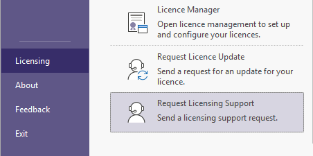The Backstage Licensing menu with Request Licensing Support highlighted