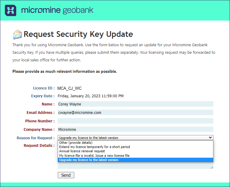 The Request Security Key Update form